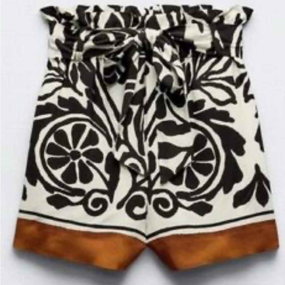 Zara Black and White High Waist Shorts with Brown Trim